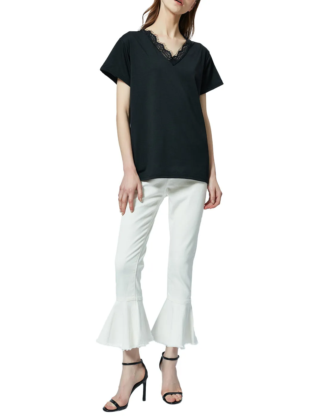 V Neck Eyelash Lace Trim Top Loose Short Sleeve Blouse