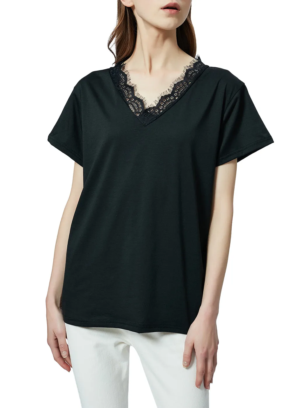 V Neck Eyelash Lace Trim Top Loose Short Sleeve Blouse