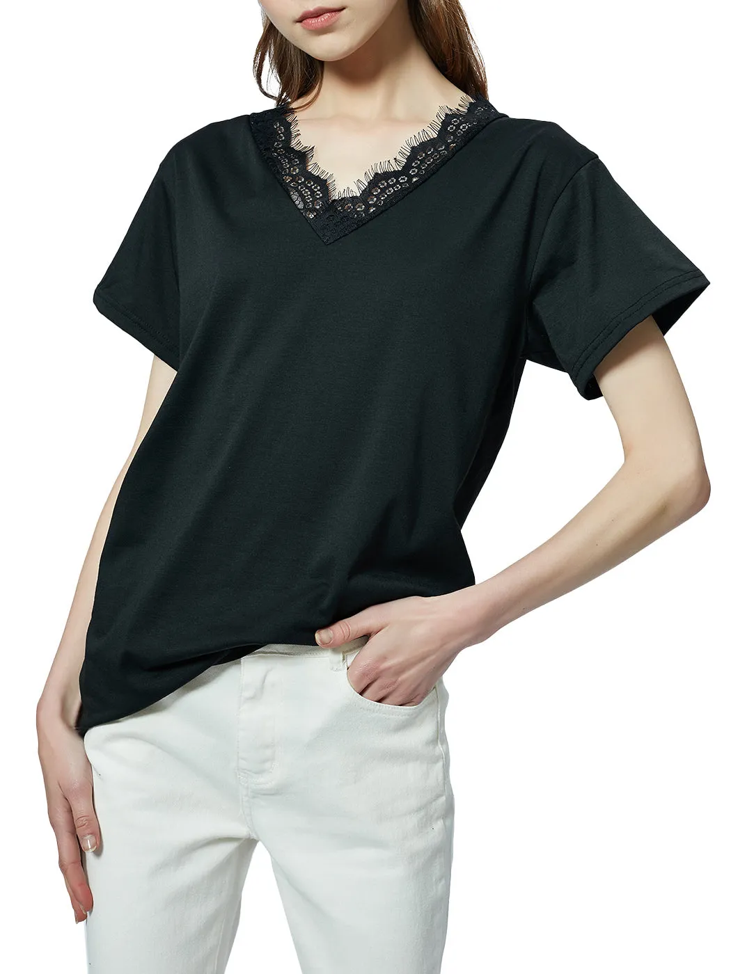 V Neck Eyelash Lace Trim Top Loose Short Sleeve Blouse