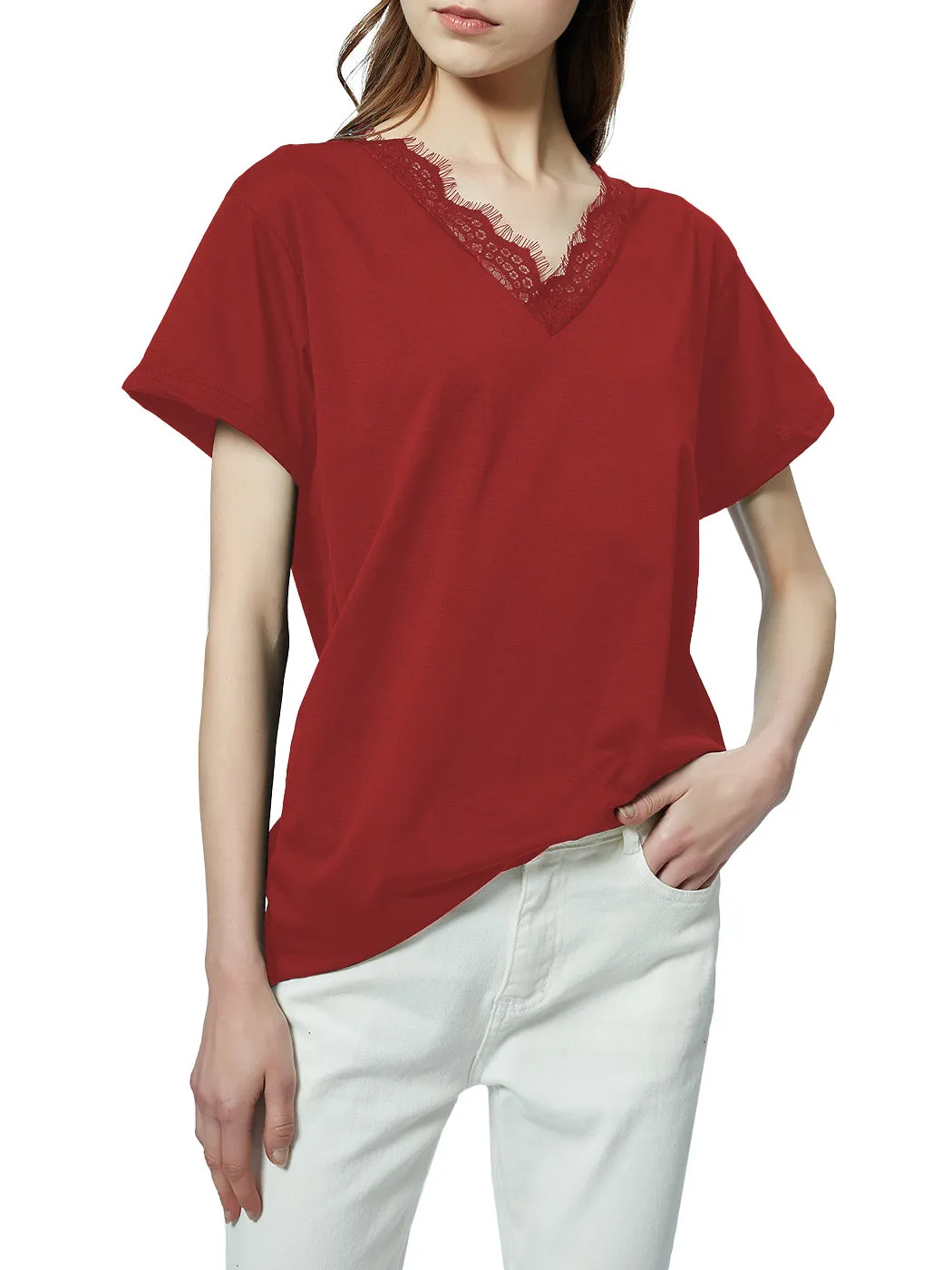 V Neck Eyelash Lace Trim Top Loose Short Sleeve Blouse