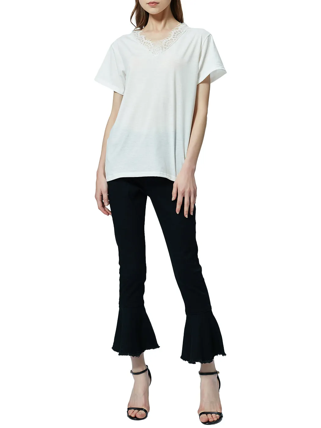 V Neck Eyelash Lace Trim Top Loose Short Sleeve Blouse