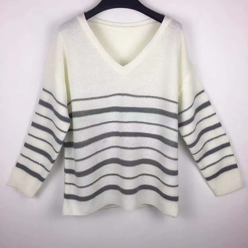V-neck Striped Loose Women Casual Sweater