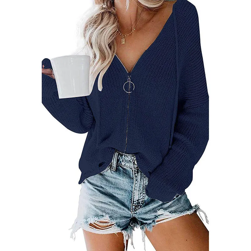 V Neck Zipper Hooded Cardigan