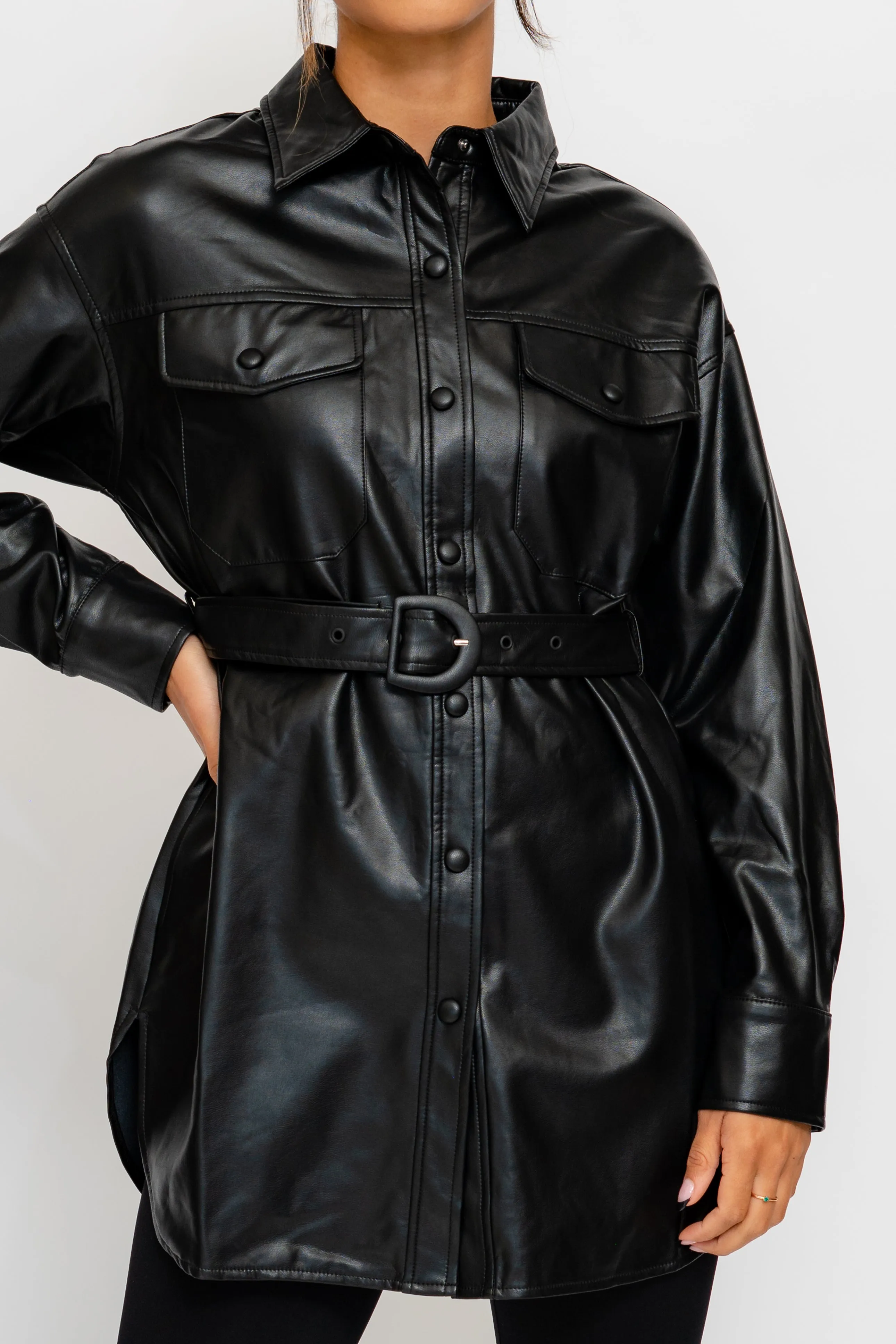 Vegan Leather Boyfriend Shirt with Belt