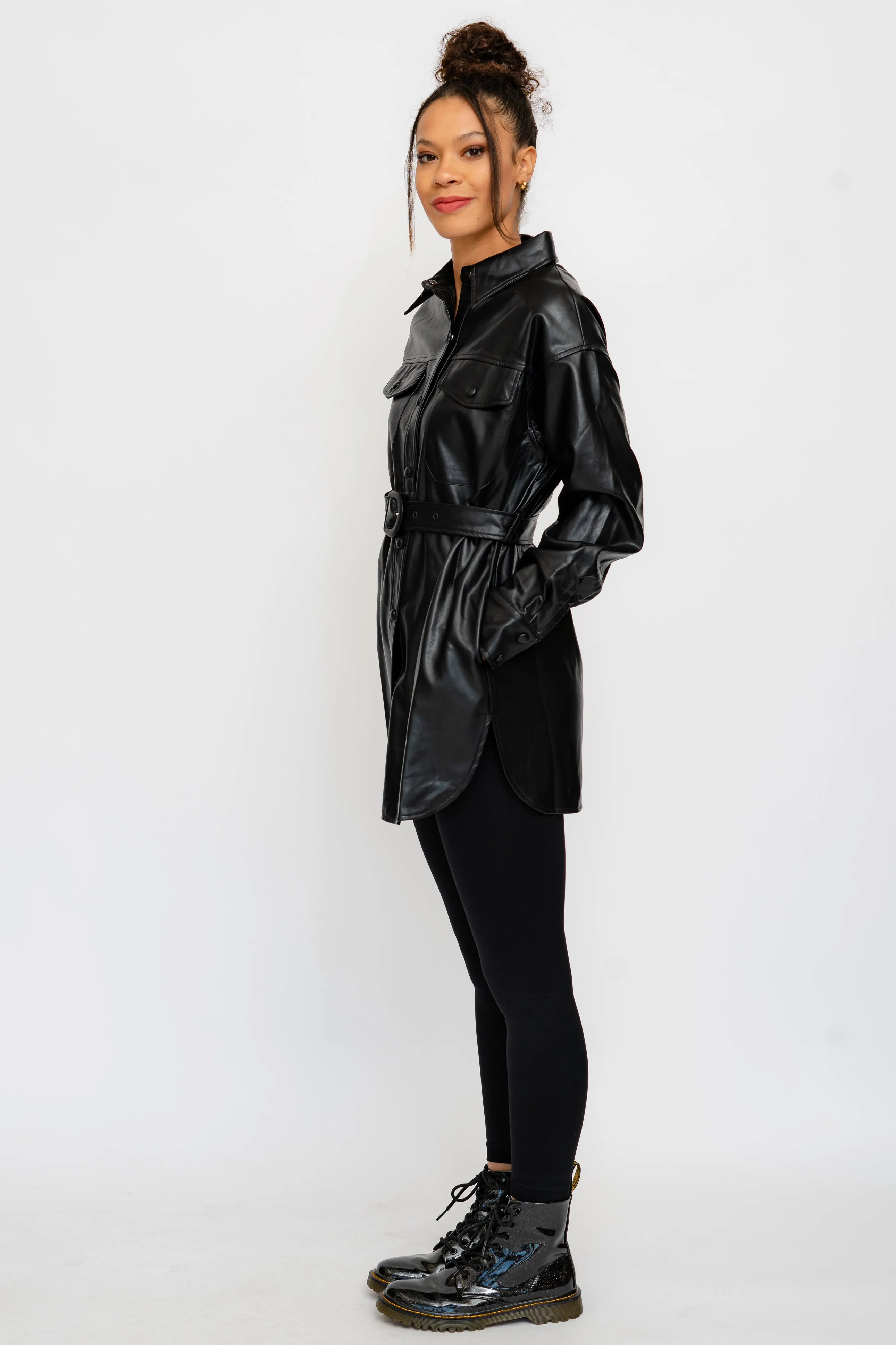 Vegan Leather Boyfriend Shirt with Belt