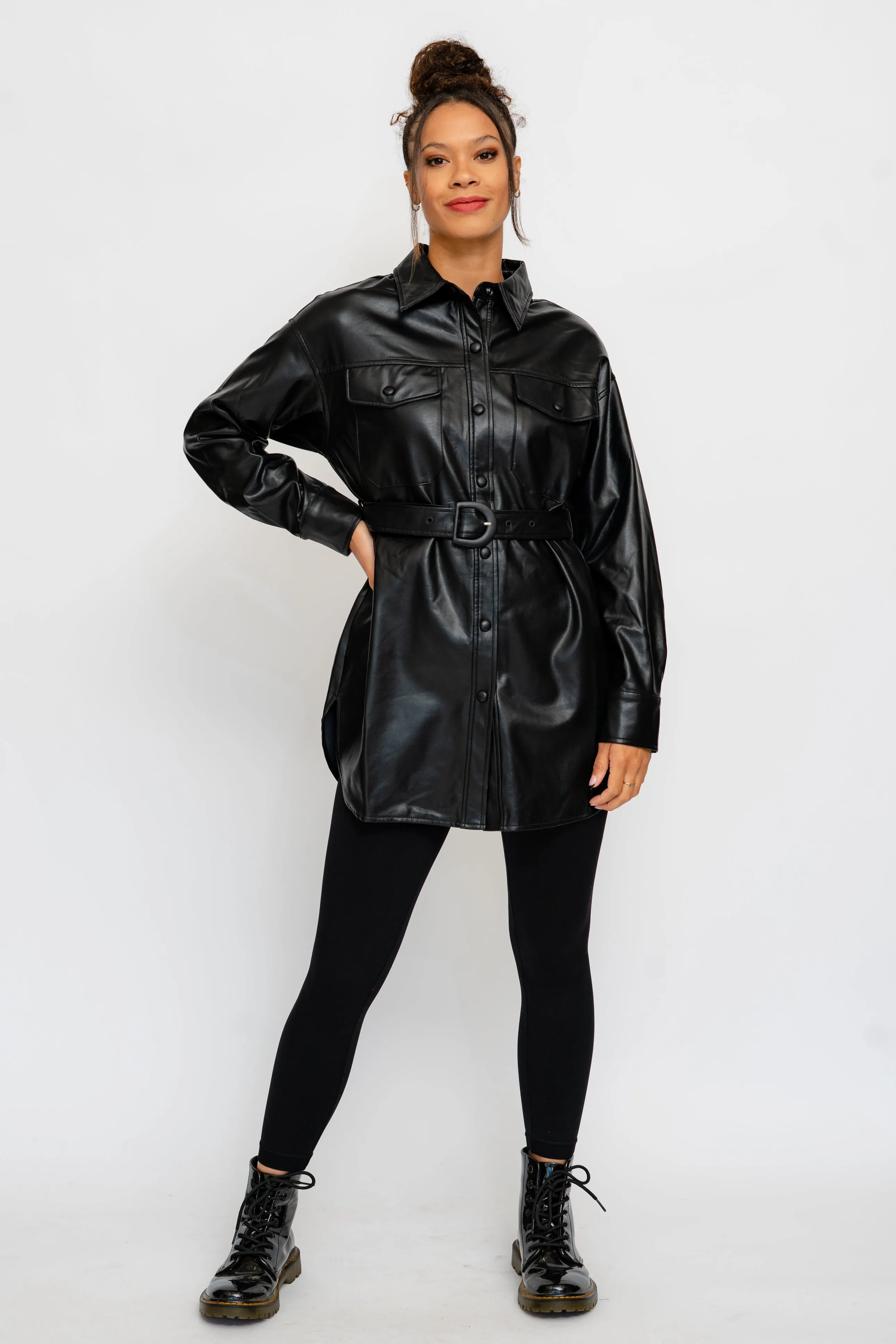 Vegan Leather Boyfriend Shirt with Belt
