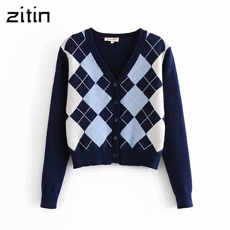 Vintage Stylish Geometric Rhombic Cardigan Sweater Women Fashion Autumn Warm Long Sleeve Outerwear Chic England Style Tops
