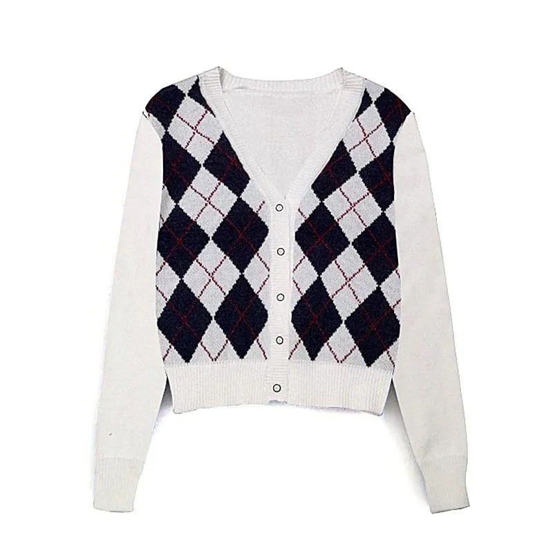 Vintage Stylish Geometric Rhombic Cardigan Sweater Women Fashion Autumn Warm Long Sleeve Outerwear Chic England Style Tops