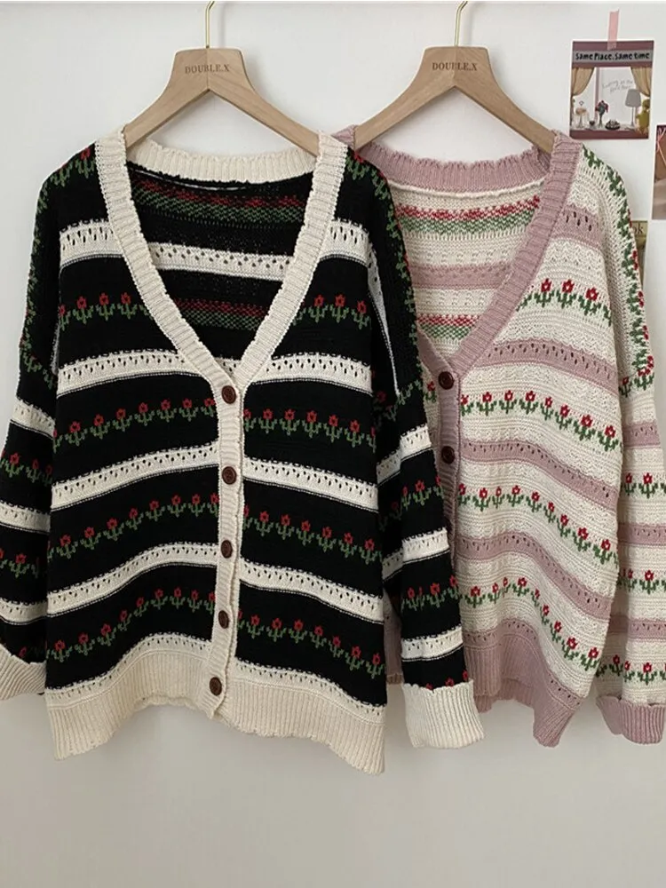 Wenkouban Autumn Printed Cardigans Women Casual Hollow Out Floral Knitted Sweater Vintage Loose Long Sleeve Cardigan Tops Female Knitwear