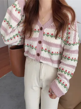 Wenkouban Autumn Printed Cardigans Women Casual Hollow Out Floral Knitted Sweater Vintage Loose Long Sleeve Cardigan Tops Female Knitwear