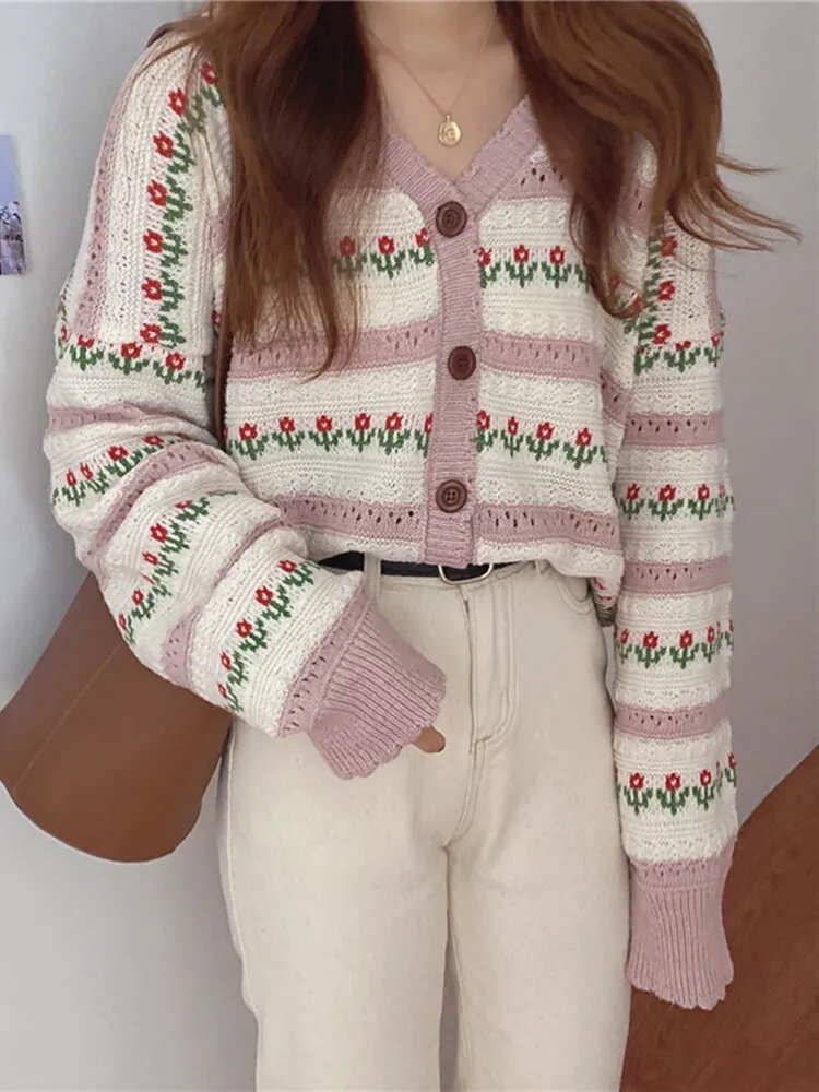 Wenkouban Autumn Printed Cardigans Women Casual Hollow Out Floral Knitted Sweater Vintage Loose Long Sleeve Cardigan Tops Female Knitwear