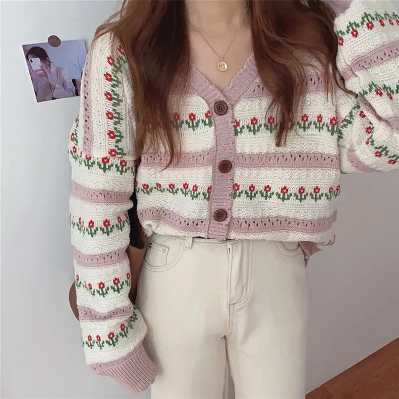 Wenkouban Autumn Printed Cardigans Women Casual Hollow Out Floral Knitted Sweater Vintage Loose Long Sleeve Cardigan Tops Female Knitwear