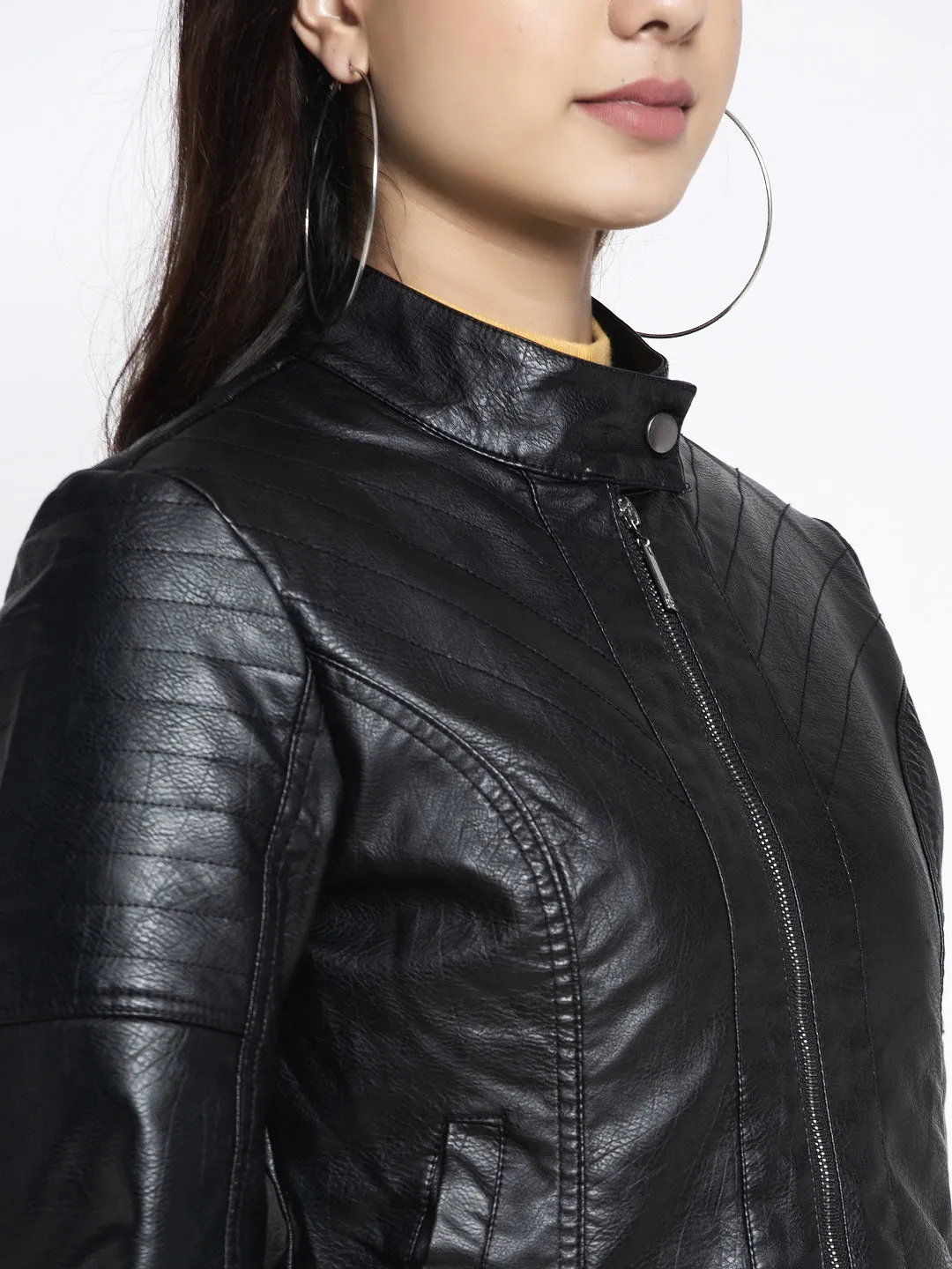 Women Black T- Neck Solid Jacket