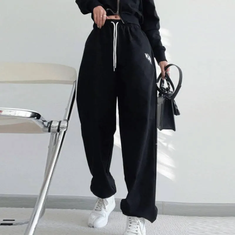 Womens Bottoms Black Drawstring Printing Sweatpants