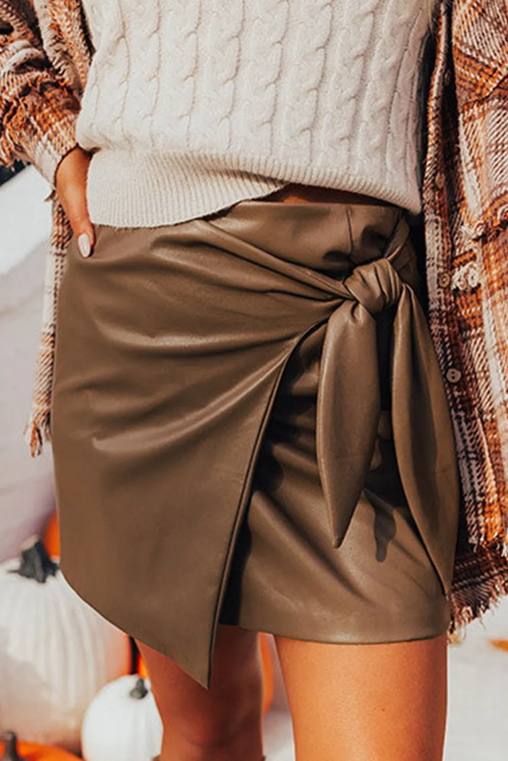 Women's Faux Leather Tie-Wrap Mini Skirt - Olive Green
