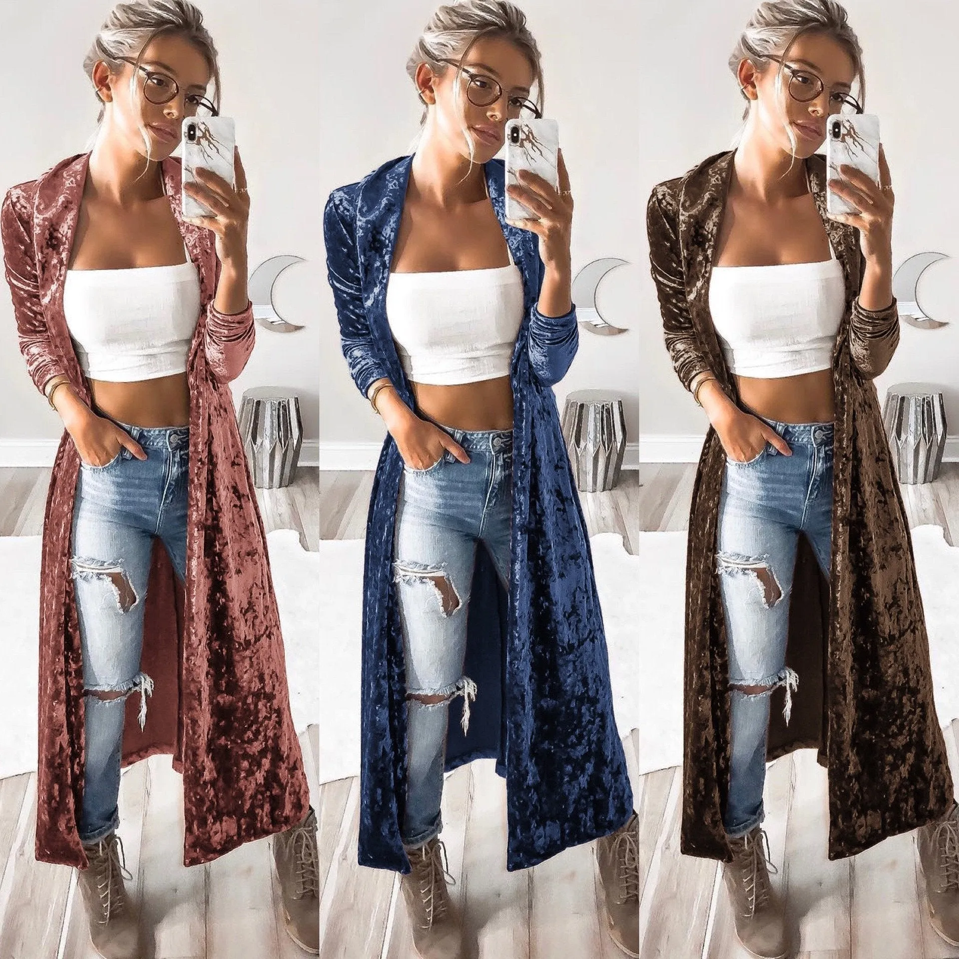 Womens Long Sleeve Velvet Open Front Casual Cardigans