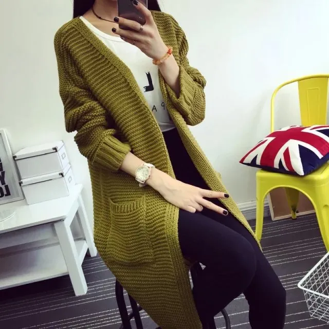 Women's Loose Double Pockets Knitted Cardigan Sweater