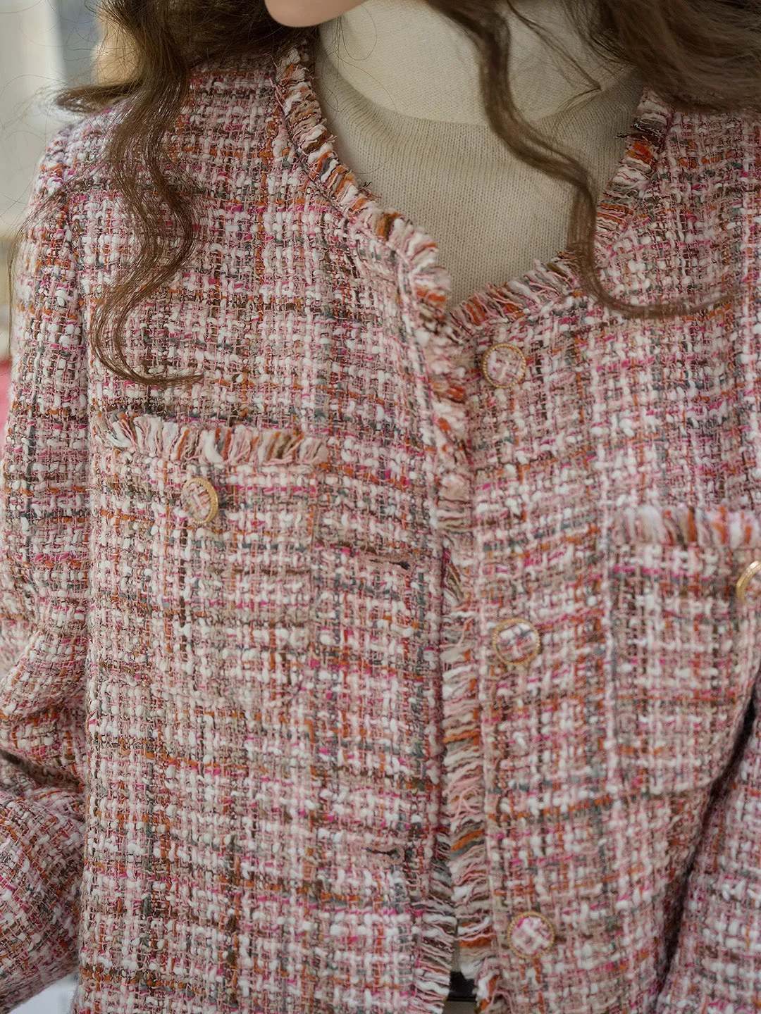 Zaria Elegant Romantic Simple Round-neck Tweed Pocket Jacket